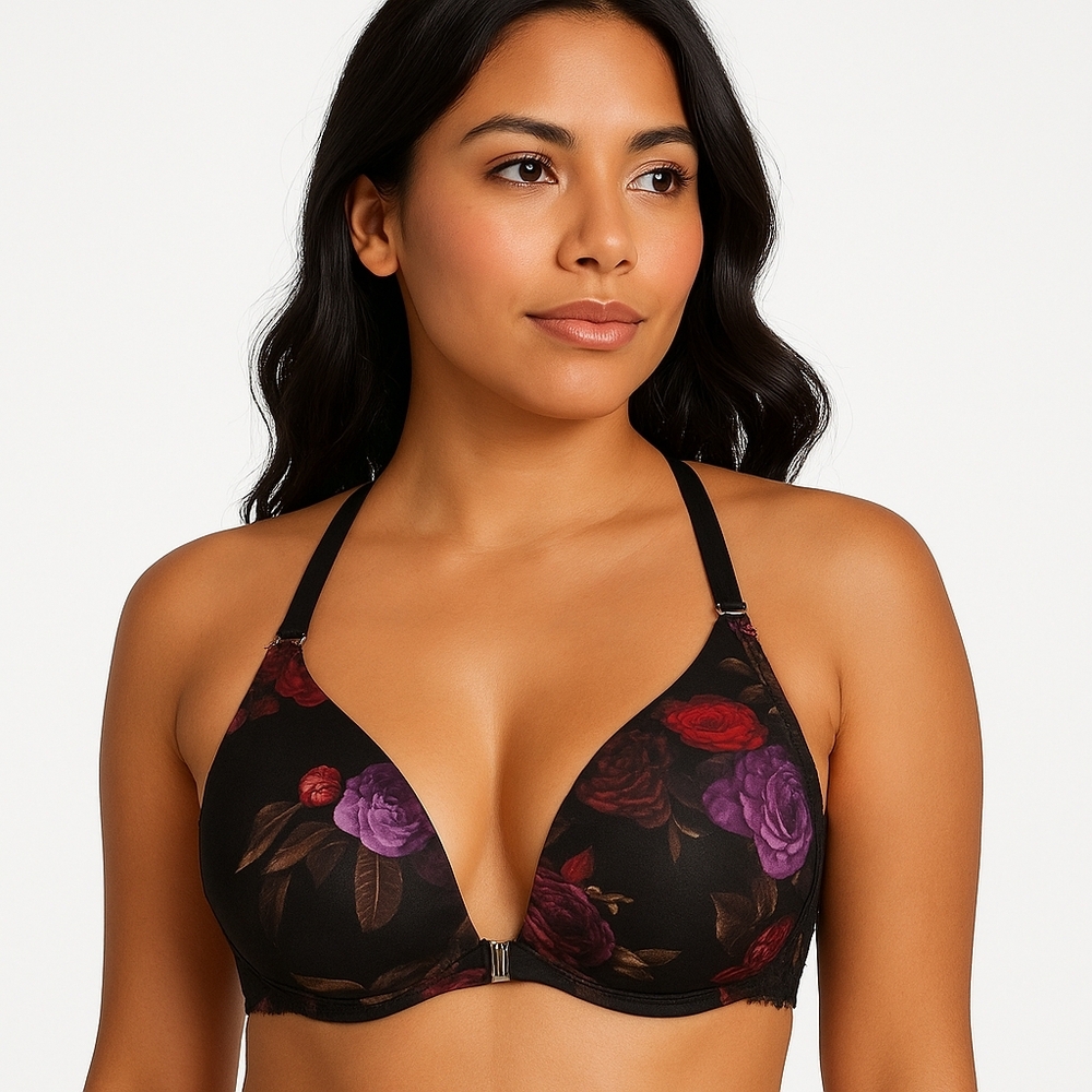 CACIQUE 44B Black Boost Plunge Bra Seriously Sexy Red Purple Floral